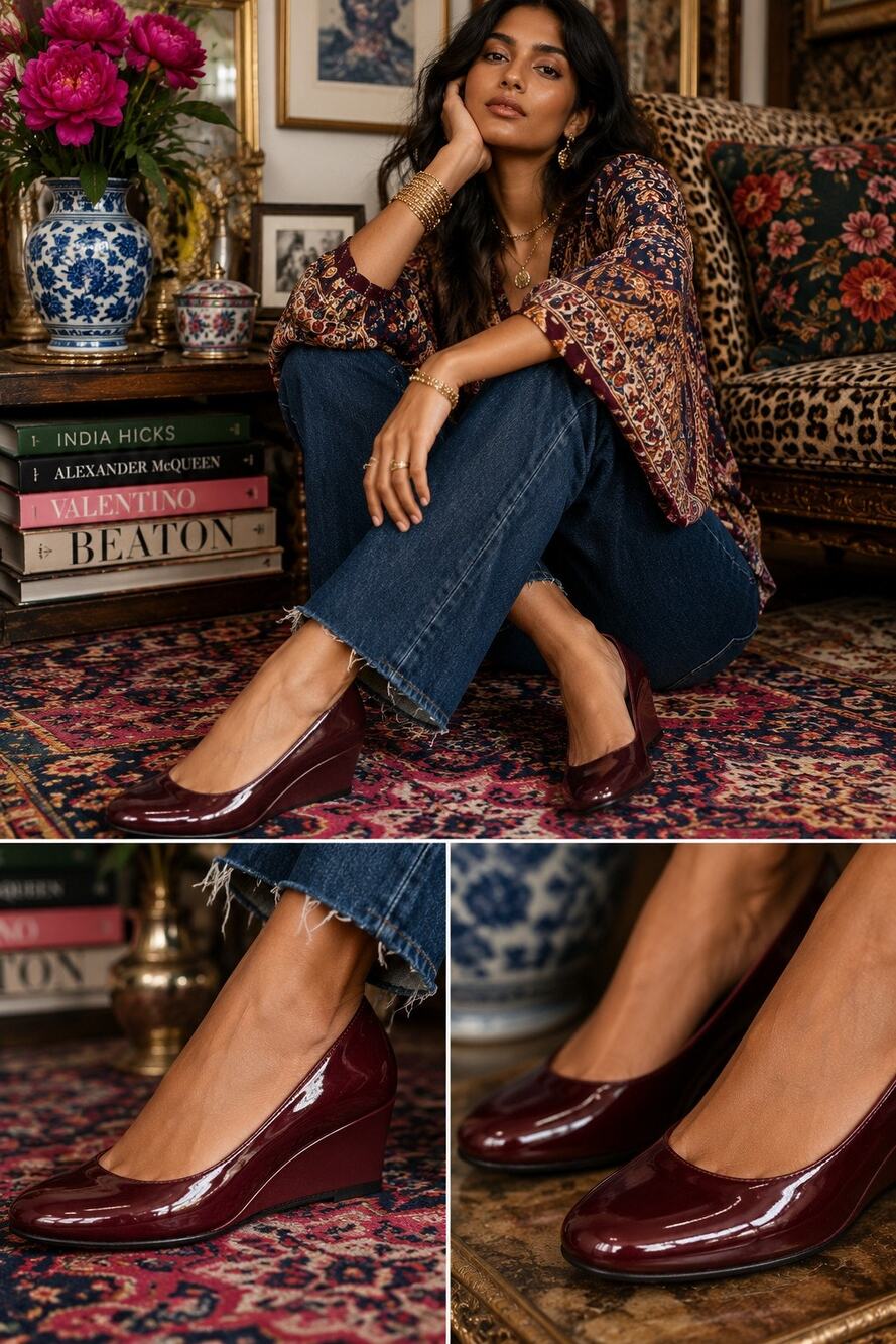 Stuart Weitzman Heathrow Patent Leather Wedge Pumps Burgundy Wine Red Size 8.5 B